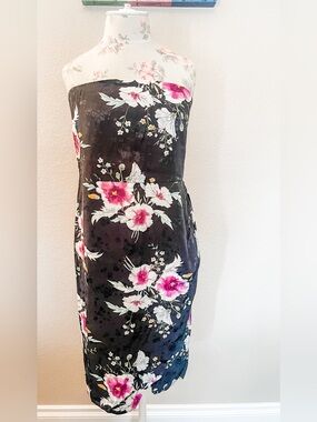 Express Strapless Black Floral Sheath Dress with Pink Accents